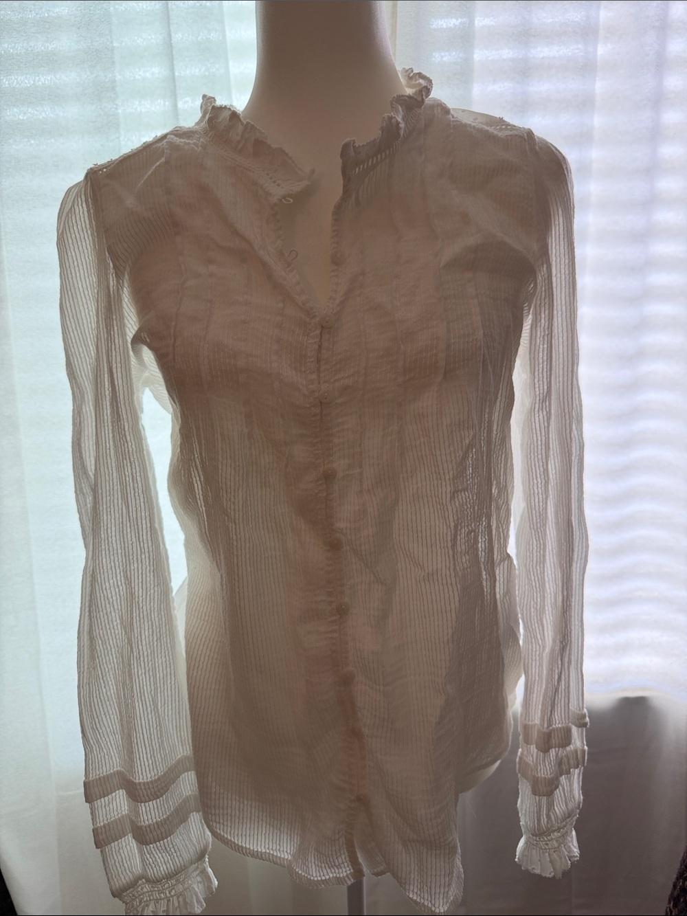 Quince Sheer White Ruffle-Trim Button Blouse